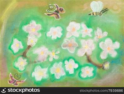 children drawing - Butterflies fly over the green flower meadow by dry pastel