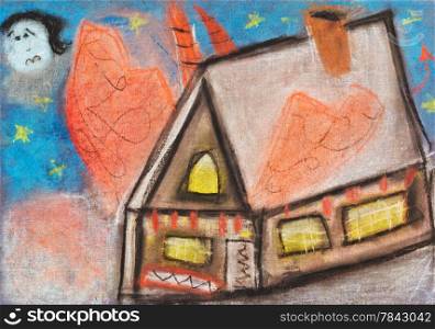 children drawing - country house in night under blue sky with full moon