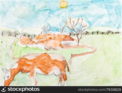 children drawing - cow grazing in meadow and country landscape by watercolor painting