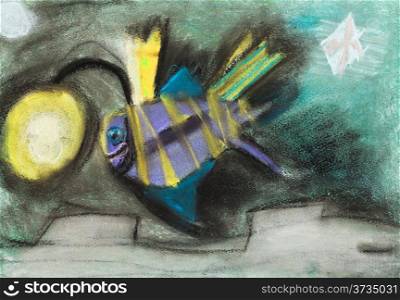 children drawing - fish with flashlight on his head in underwater world