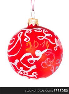 children drawing - hand painted red decorative Christmas ball isolated on white background