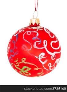 children drawing - hand painted red decorative Xmas ball isolated on white background