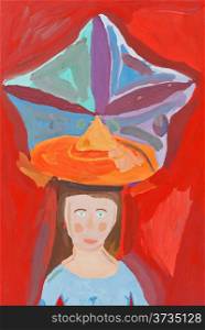 children drawing - large decorative hat on head of young woman