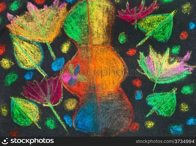 children drawing - many bright autumn leaves on black background