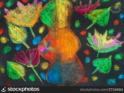 children drawing - many bright autumn leaves on black background