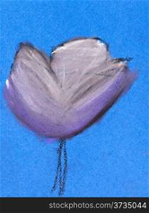 children drawing - one white tulip bloom on blue background