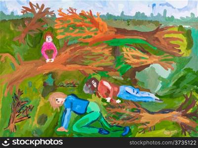 children drawing - people after windstorm in forest