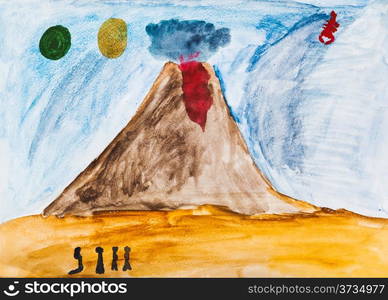 children drawing - people near active volcano in extraterrestrial world