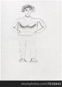 children drawing - portrait of big woman by black pencil on sheet of squared school notebook