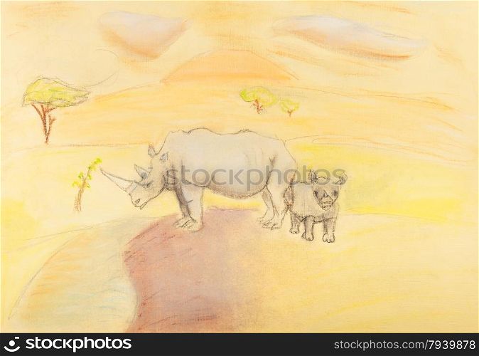 children drawing - rhinoceros with baby rhino in the savannah by dry pastel on yellow paper