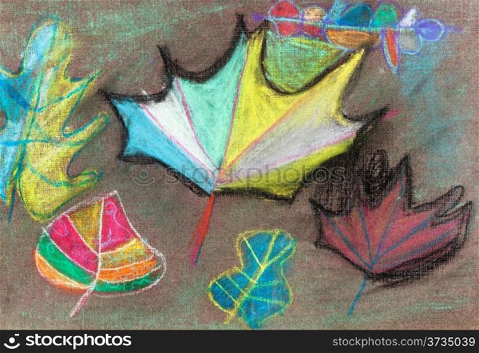 children drawing - several autumn leaves on brown background