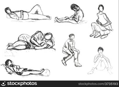 children drawing - sketches of lying and sitting people