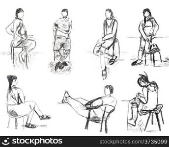 children drawing - sketches of sitting people