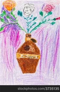 children drawing - still life of three rose in ceramic jug