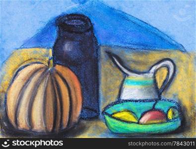 children drawing - still life with black jug and ripe pumpkin