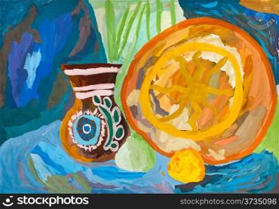 children drawing - still life with ceramic vase and decorated plate