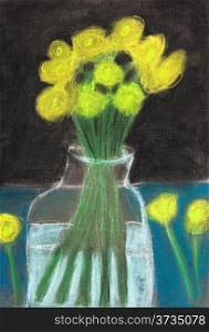 children drawing - still life yellow flowers in glass jar