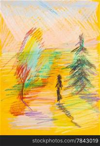 children drawing - walking woman in yellow autumn forest