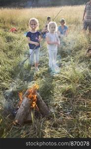 Children eating a marshmallows after roasting them over a campfire on a meadow. Candid people, real moments, authentic situations