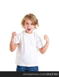 children excited kid with happy winner expression isolated on white