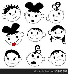 Children expressions, stylized drawing over white