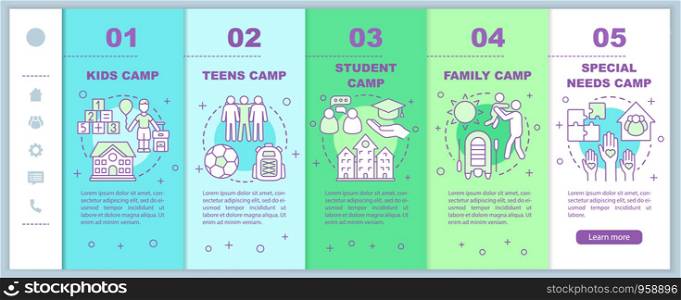 Children, family camps onboarding mobile web pages vector template. Responsive smartphone website interface idea with linear illustrations. Webpage walkthrough step screens. Color concept