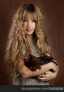 children fashion farmer girl holding hen in retro vintage background
