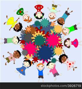 Children -future minds in the world, the concept of children of different races with gears in hands