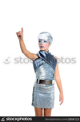 children futuristic fashion children girl pointing finger silver makeup on white