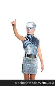 children futuristic fashion children girl pointing finger silver makeup on white