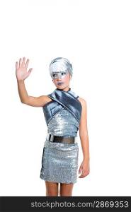 children futuristic fashion children girl rising hand up silver makeup on white
