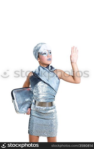 children futuristic fashion children girl rising hand up silver makeup on white