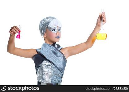 children futuristic fashion children silver girl doing chemical laboratory experiment