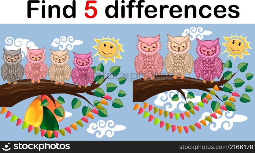 Children games: Find differences. Little cute owl sits on the tree branch. Children games: Find differences. Little cute owl sits on the tree branch.