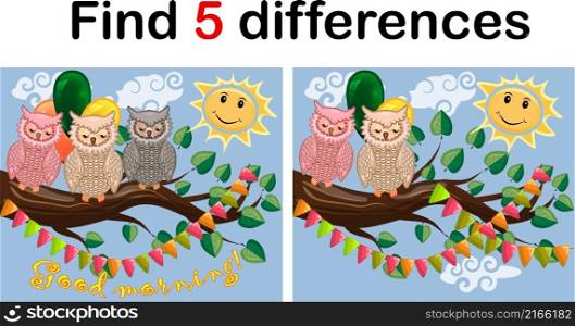 Children games: Find differences. Little cute owl sits on the tree branch. Children games: Find differences. Little cute owl sits on the tree branch.