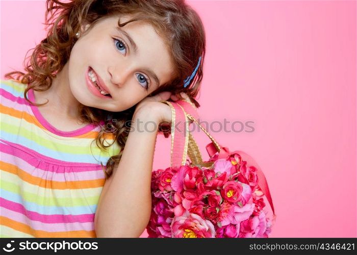 children girl holding fashin spring pink flowers bag siming indented
