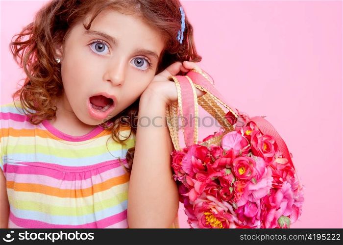children girl holding fashin spring pink flowers bag sruprised expression