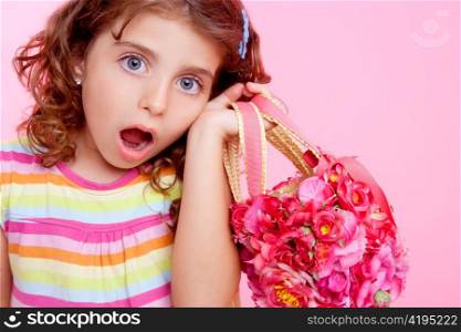children girl holding fashin spring pink flowers bag sruprised expression