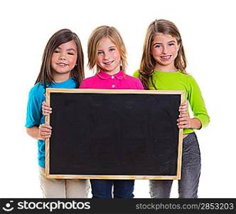 children group kid girls holding blank blackboard copy space on white background