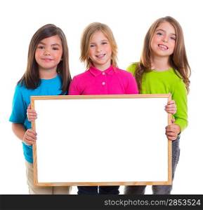children group kid girls holding blank white board copy space