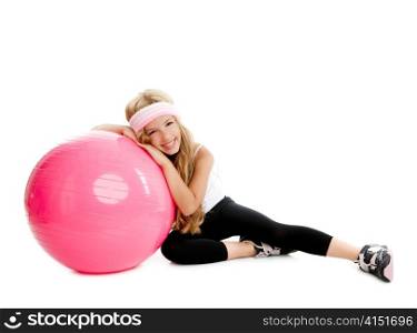 children gym yoga girl with pilate pink ball isolated on white