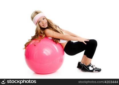 children gym yoga girl with pilate pink ball isolated on white