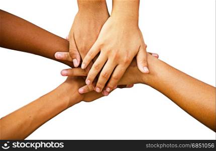 children hand for power and unity on white background. Hand for unity