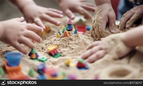 children hands in the sandbox, children play with sand  generative ai.