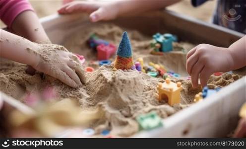 children hands in the sandbox, children play with sand  generative ai.