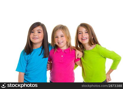 children happy girl firends group smiling hug together isolated on white background