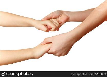 Children hold each other&acute;s hands. Close-up. Isolated on white background.
