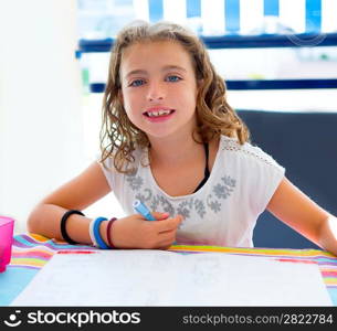 children kid girl smiling with homework in summer holding pencil