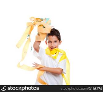 children kid in a party with messy colorful paper ribbon