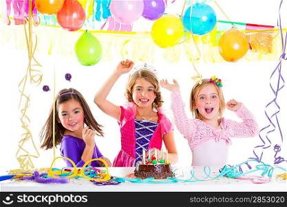 children kid in birthday party dancing happy laughing with baloons serpentine and garlands